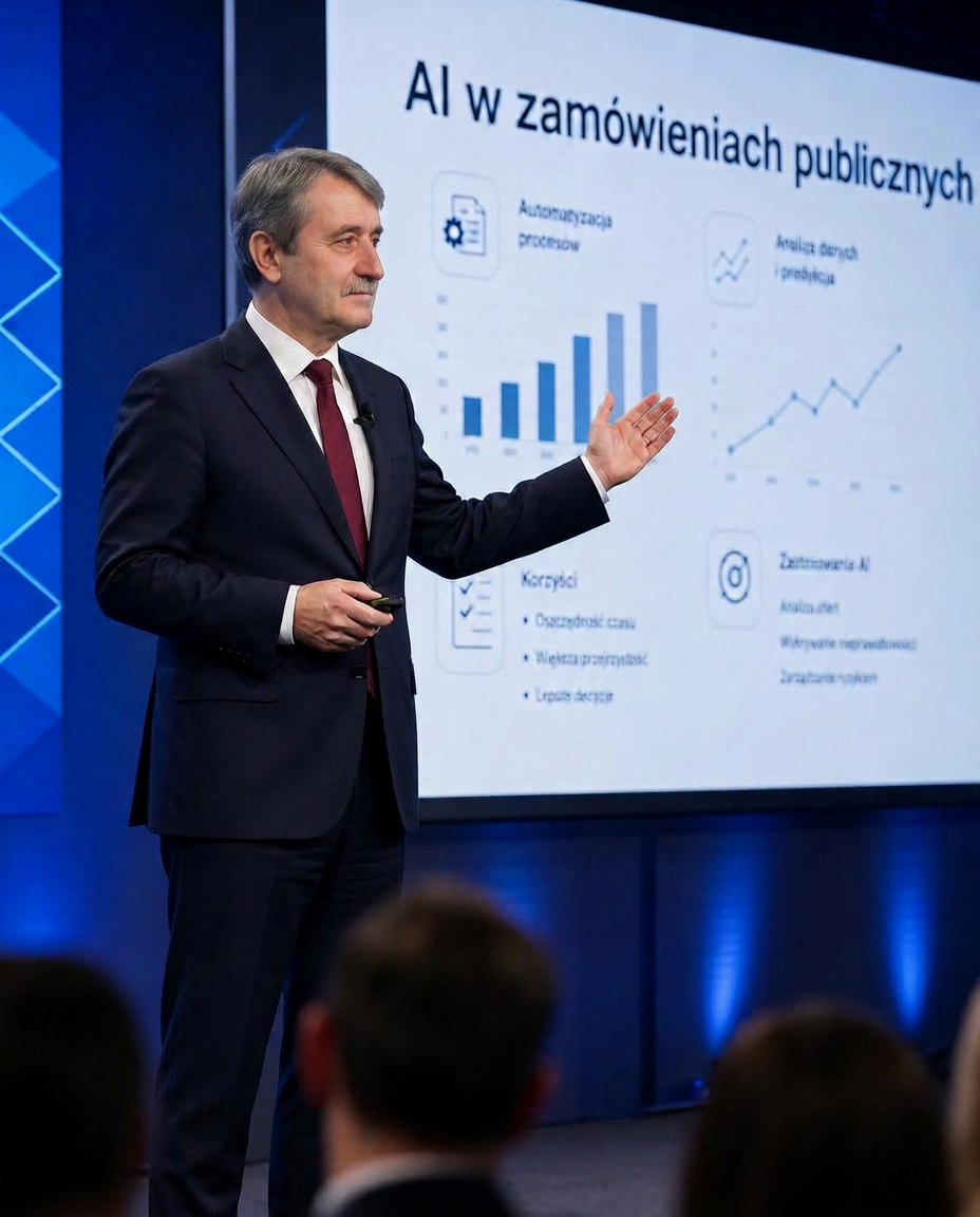 Michał Rogalski jako prelegent na konferencji — prezentacja o sztucznej inteligencji w zamówieniach publicznych